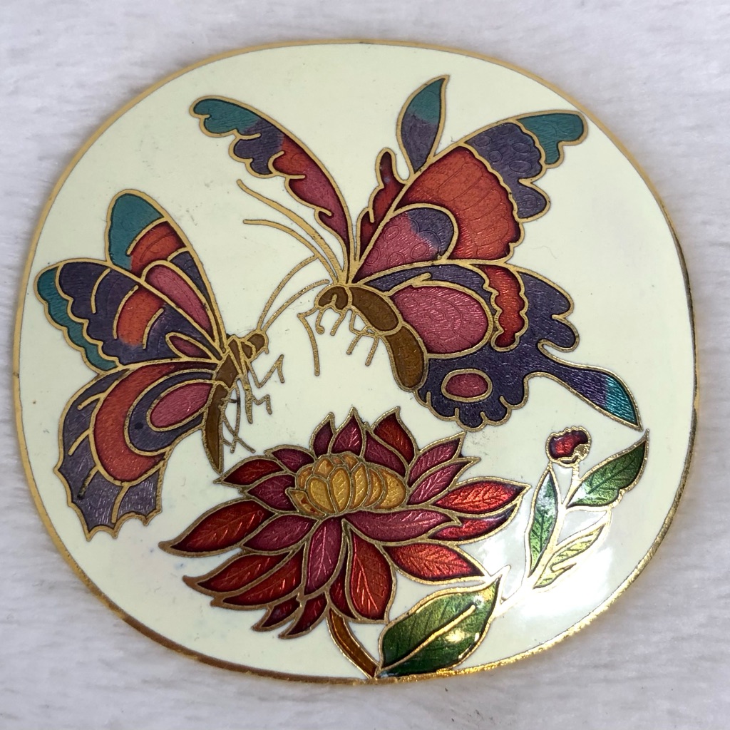 Vintage Cloisonn Butterfly & Lotus Flower Brooch Belt Buckle Bolo Tie Cover